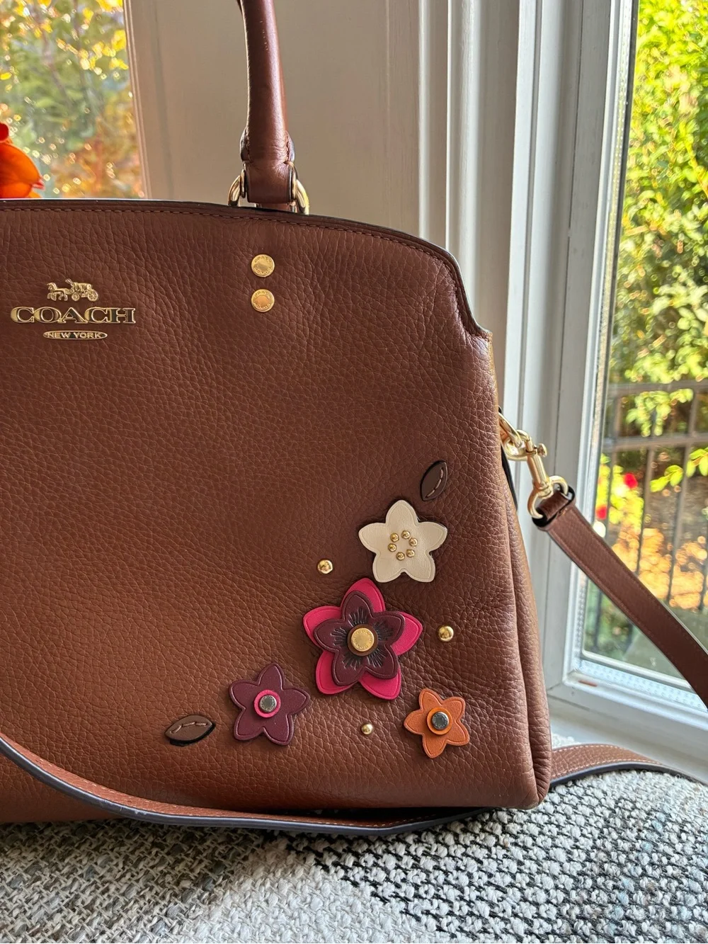 Coach Lillie Leather Carryall Crossbody with Floral Applique Daisy, 2848, Large
